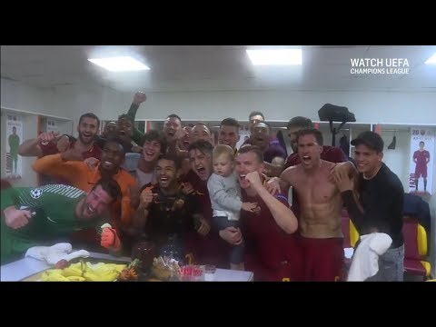 Crazy dressing room scenes after Roma beat Barcelona in the Champions League