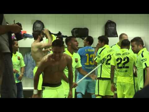 FC Barcelona celebrate in Dressing Room after win La liga 2015 with Leonel Messi Neymar Suarez