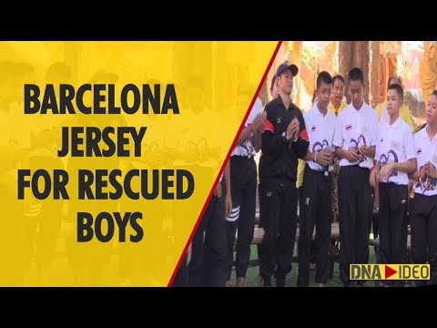 Boys rescued from Thai cave receive Barcelona soccer shirts