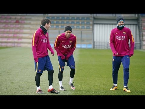 FC Barcelona training session: The team congratulates Messi for his 300 La Liga goals